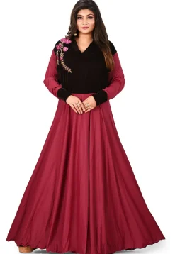 Embroidered Lycra Flared Gown in Maroon and Dark Brown