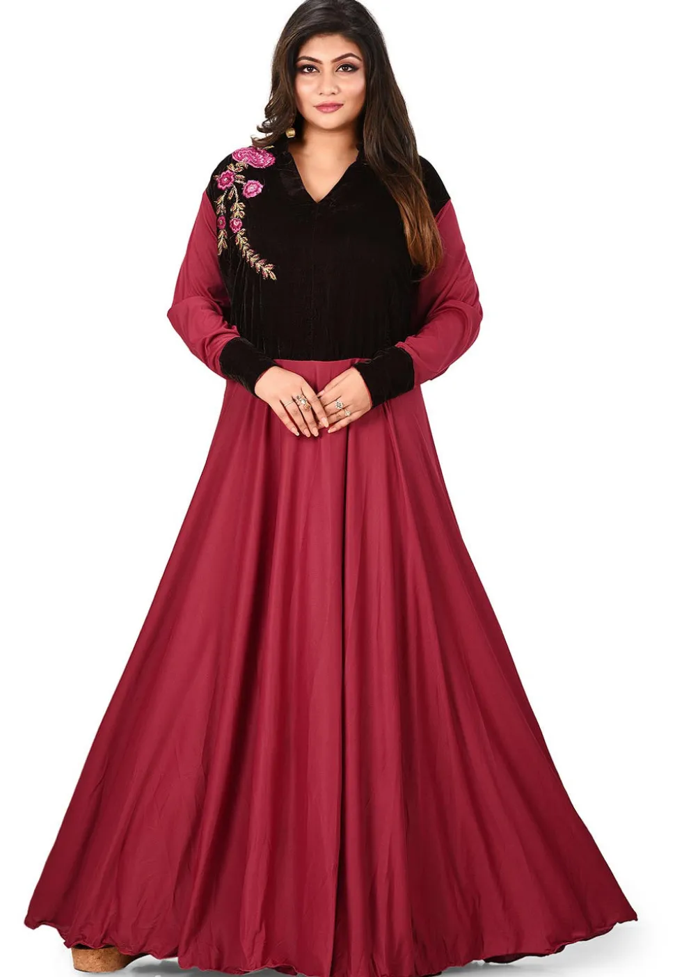 Embroidered Lycra Flared Gown in Maroon and Dark Brown