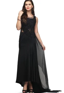 Embroidered Lycra Gown in Black
