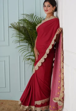 Embroidered Lycra Shimmer(Elastane) Saree in Magenta and Pink