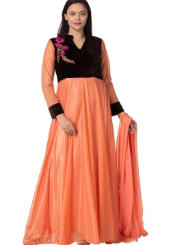 Embroidered Lycra Shimmer Abaya Style Suit in Peach and Black