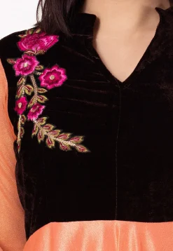 Embroidered Lycra Shimmer Abaya Style Suit in Peach and Black