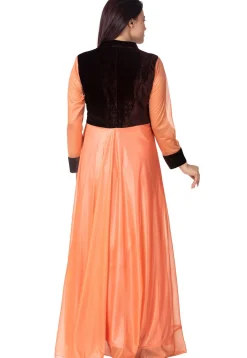 Embroidered Lycra Shimmer Abaya Style Suit in Peach and Black
