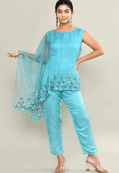 Embroidered Modal Silk Jumpsuit in Blue