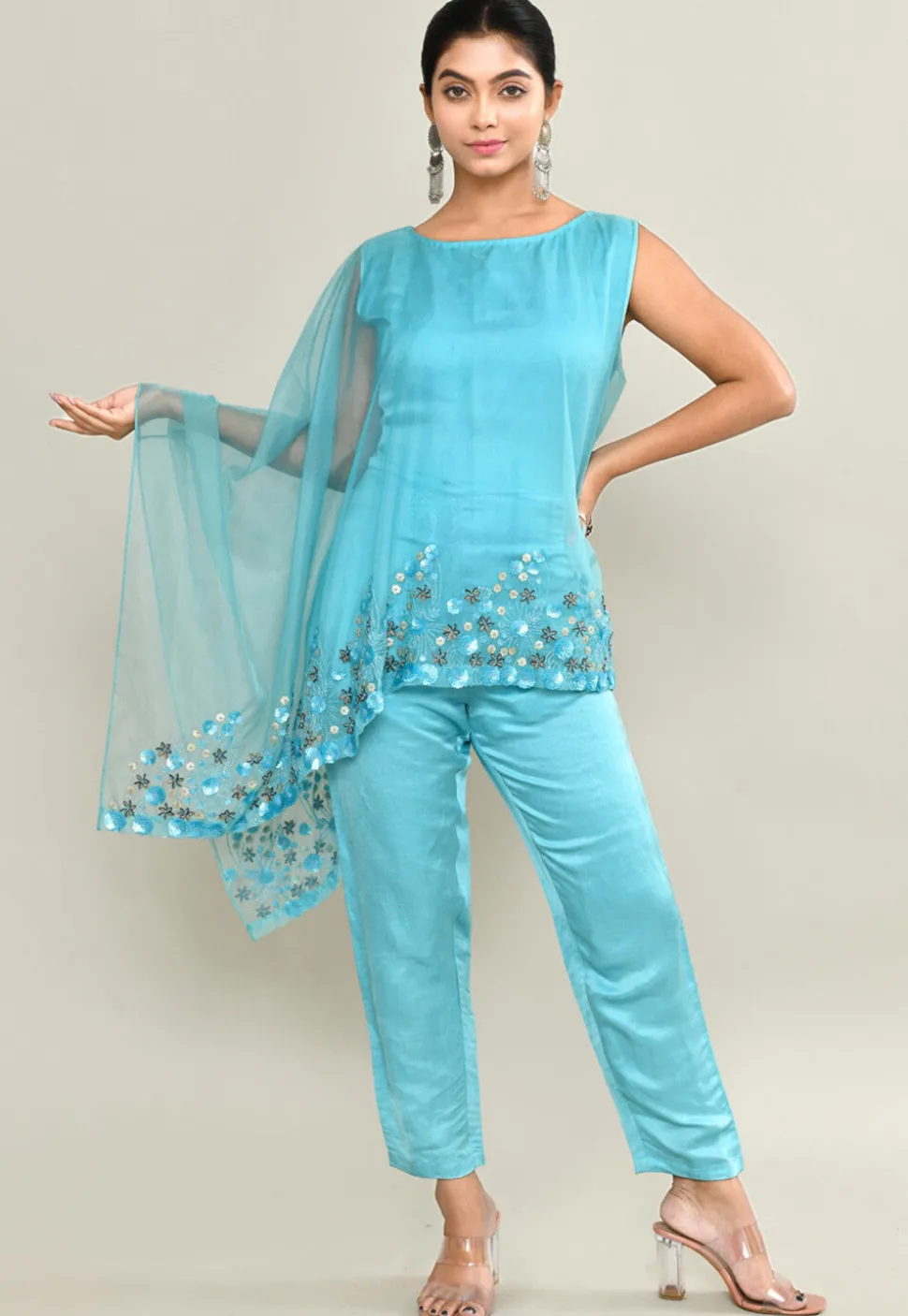 Embroidered Modal Silk Jumpsuit in Blue