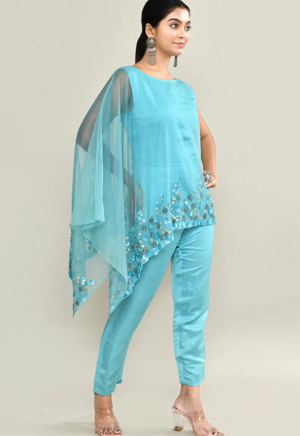 Embroidered Modal Silk Jumpsuit in Blue