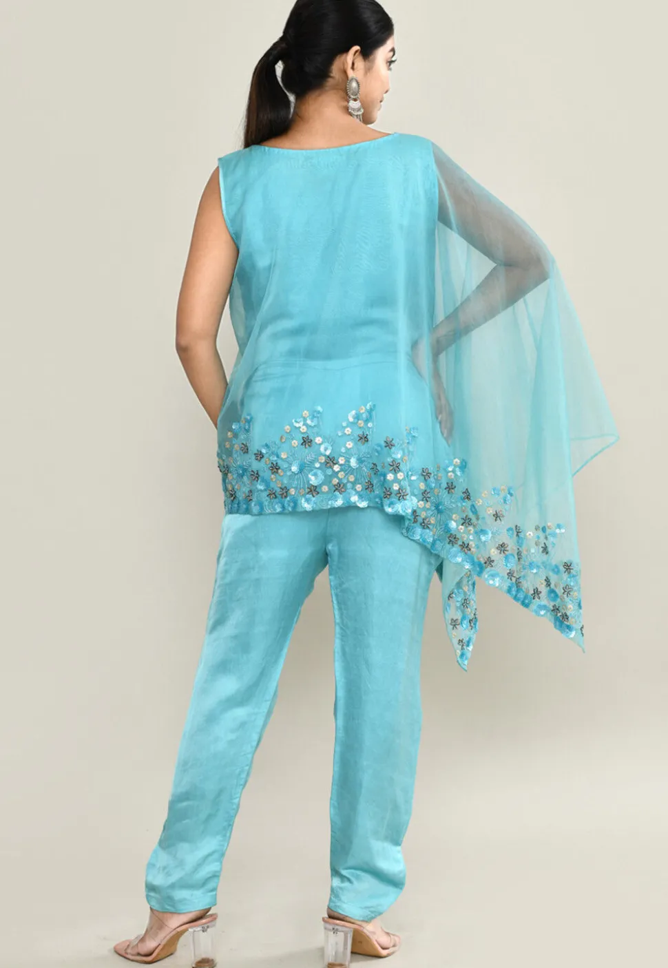 Embroidered Modal Silk Jumpsuit in Blue