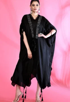 Embroidered Modal Silk Kaftan Style Dress in Black