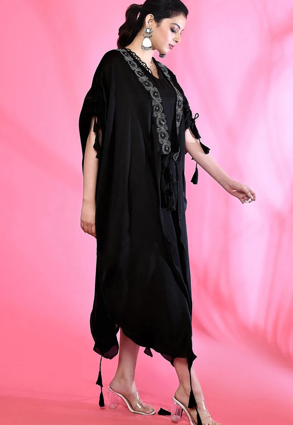 Embroidered Modal Silk Kaftan Style Dress in Black