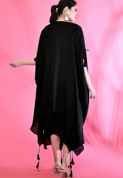 Embroidered Modal Silk Kaftan Style Dress in Black