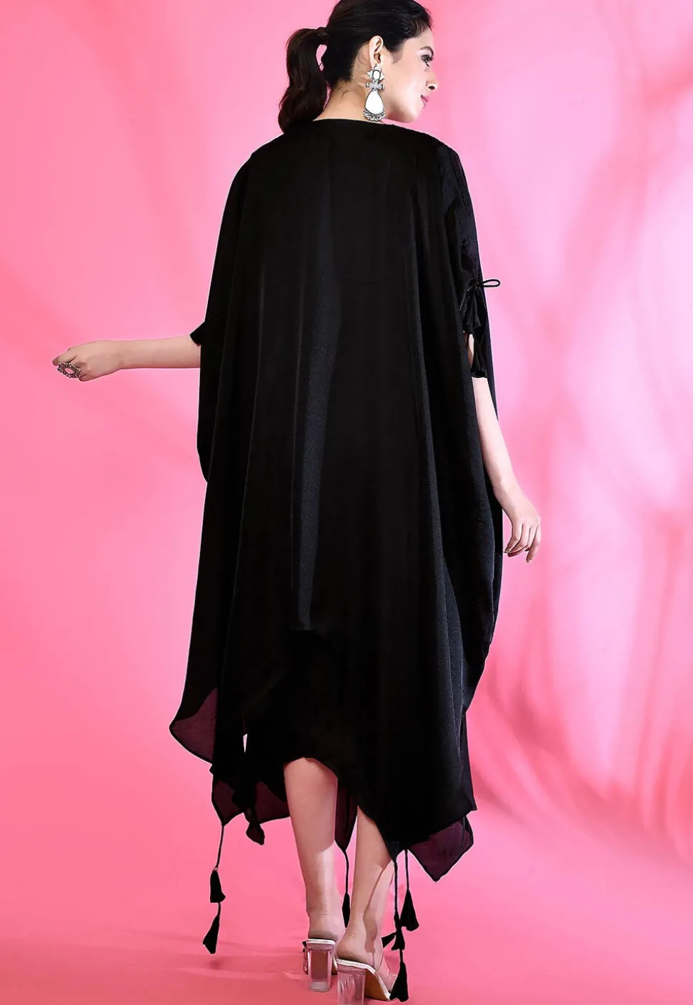 Embroidered Modal Silk Kaftan Style Dress in Black