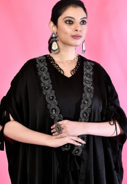 Embroidered Modal Silk Kaftan Style Dress in Black
