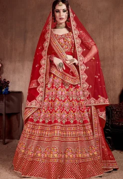 Embroidered Mulberry Silk Lehenga in Red