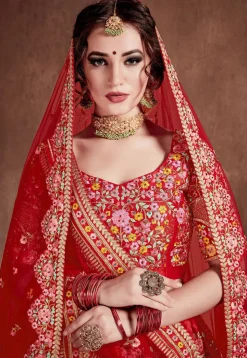 Embroidered Mulberry Silk Lehenga in Red