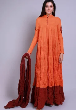 Embroidered Mulmul Cotton Abaya Style Suit in Orange