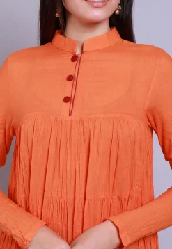 Embroidered Mulmul Cotton Abaya Style Suit in Orange