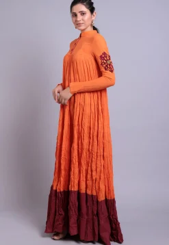 Embroidered Mulmul Cotton Abaya Style Suit in Orange