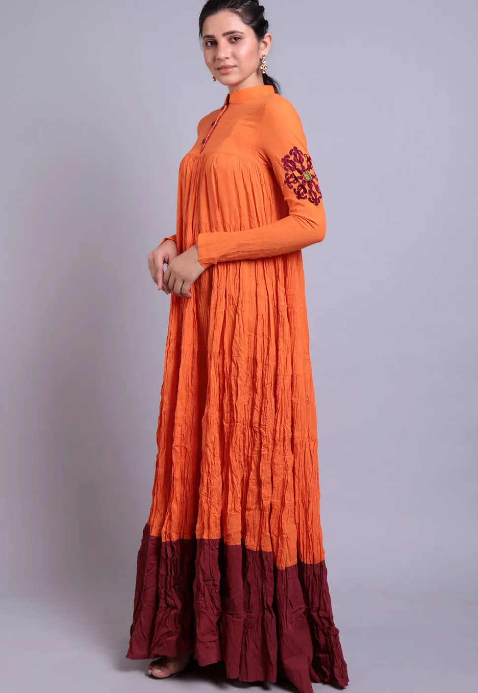 Embroidered Mulmul Cotton Abaya Style Suit in Orange