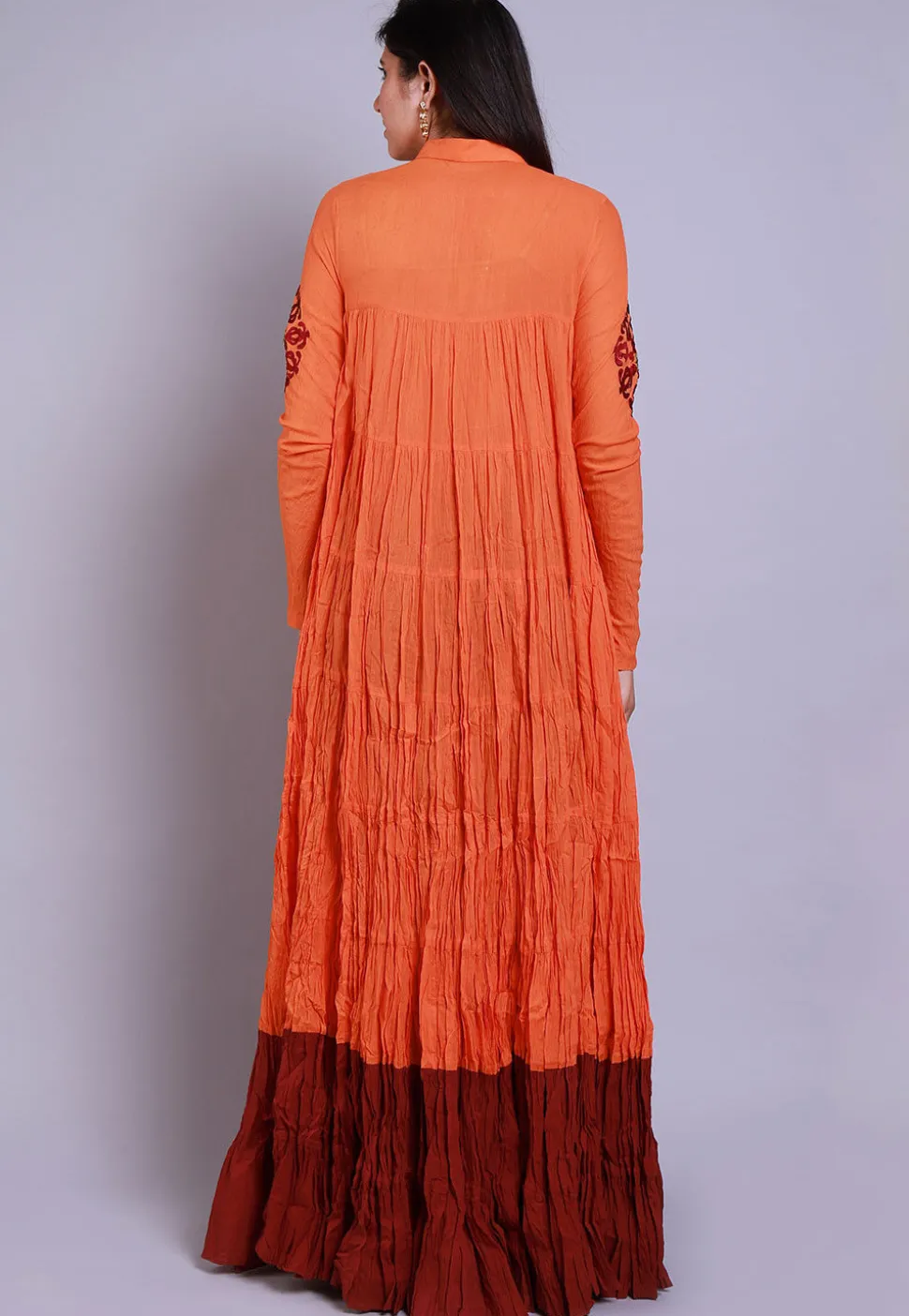 Embroidered Mulmul Cotton Abaya Style Suit in Orange