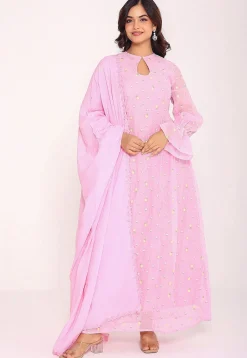Embroidered Mulmul Cotton Abaya Style Suit in Pink