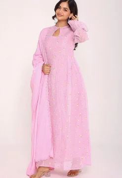 Embroidered Mulmul Cotton Abaya Style Suit in Pink