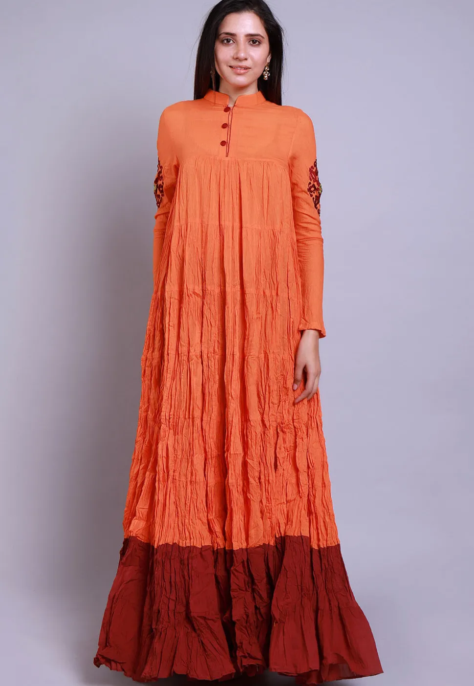 Embroidered Mulmul Cotton Tiered Long Kurta in Orange