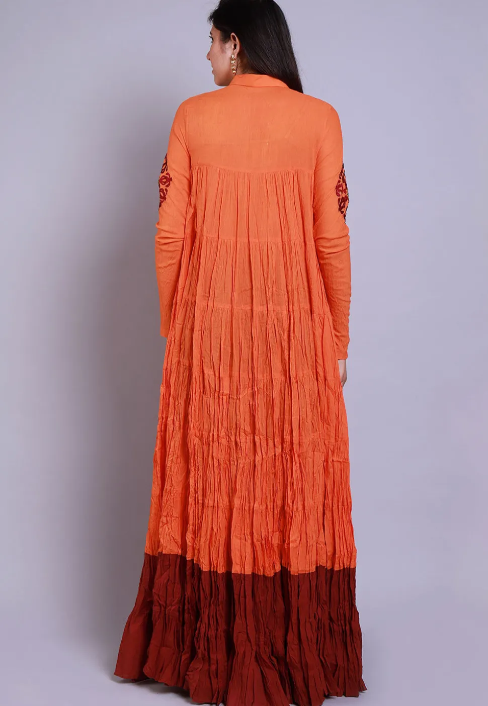 Embroidered Mulmul Cotton Tiered Long Kurta in Orange