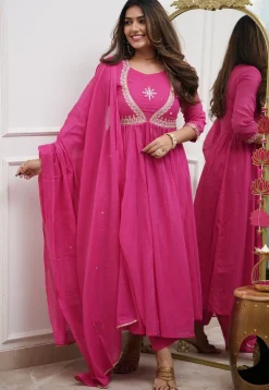 Embroidered Muslin Cotton A Line Suit in Pink