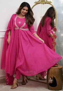 Embroidered Muslin Cotton A Line Suit in Pink