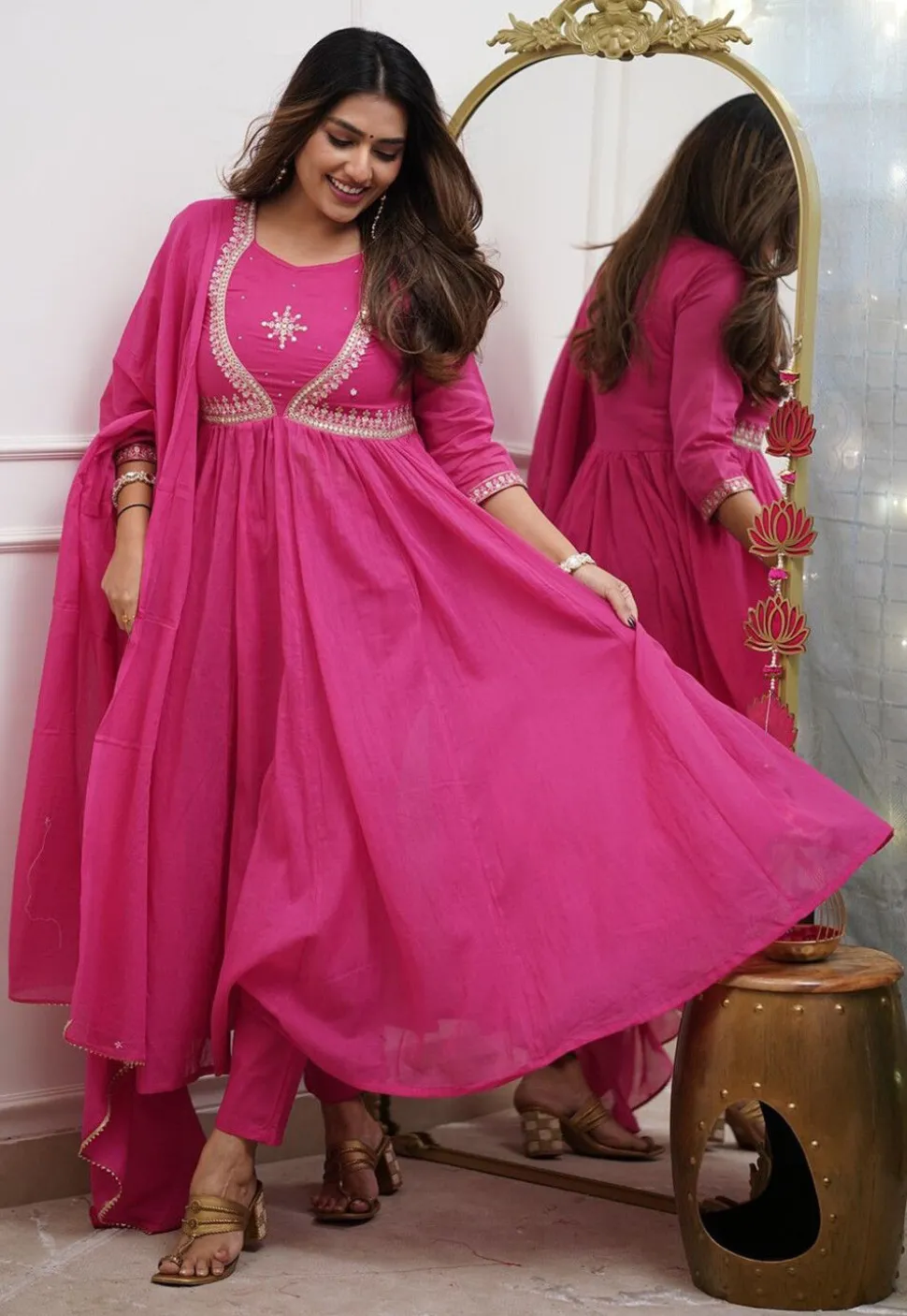 Embroidered Muslin Cotton A Line Suit in Pink