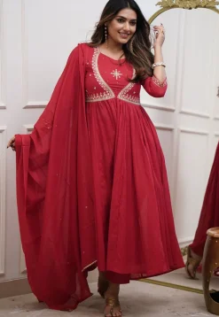 Embroidered Muslin Cotton A Line Suit in Red