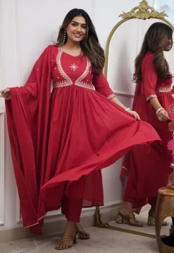 Embroidered Muslin Cotton A Line Suit in Red