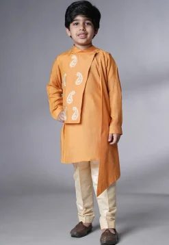 Embroidered Muslin Silk Asymmetric Kurta Set in Mustard