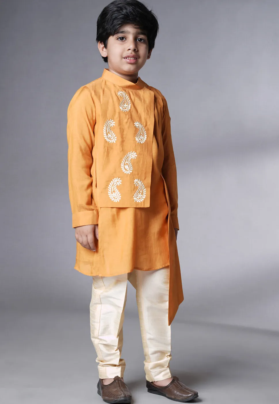 Embroidered Muslin Silk Asymmetric Kurta Set in Mustard