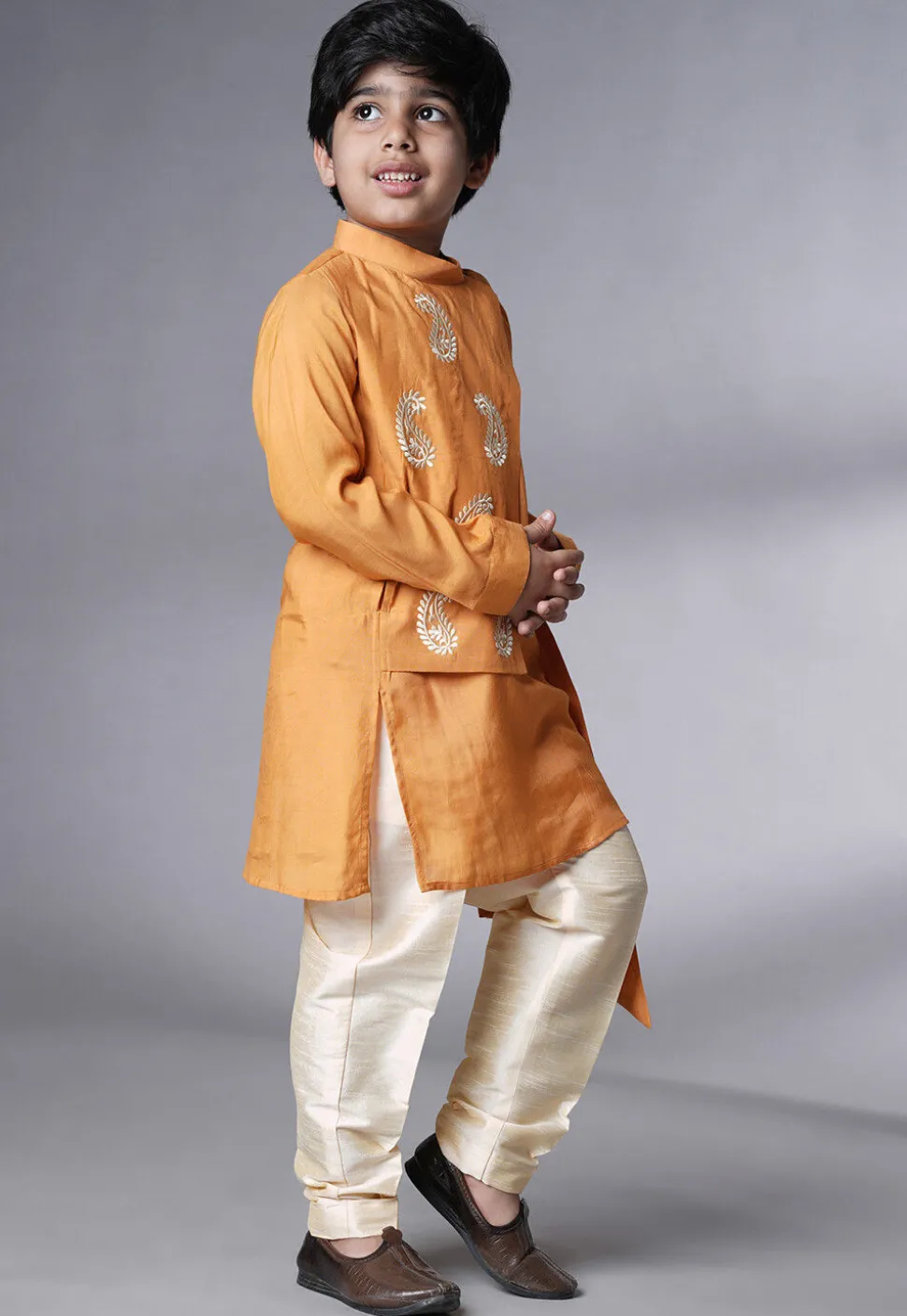 Embroidered Muslin Silk Asymmetric Kurta Set in Mustard
