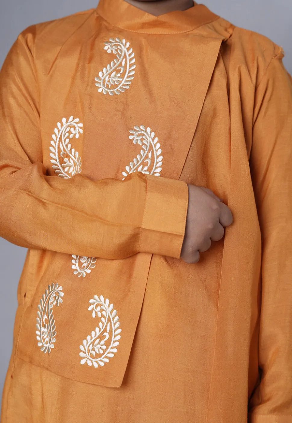 Embroidered Muslin Silk Asymmetric Kurta Set in Mustard