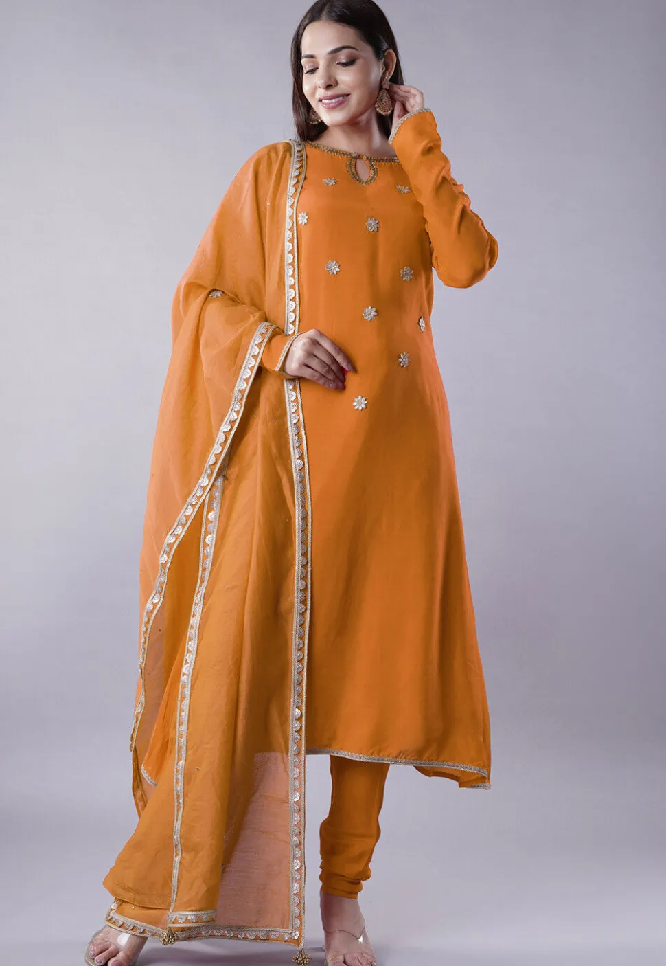 Embroidered Muslin Silk Aline Suit in Mustard