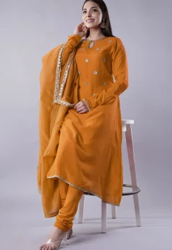 Embroidered Muslin Silk Aline Suit in Mustard