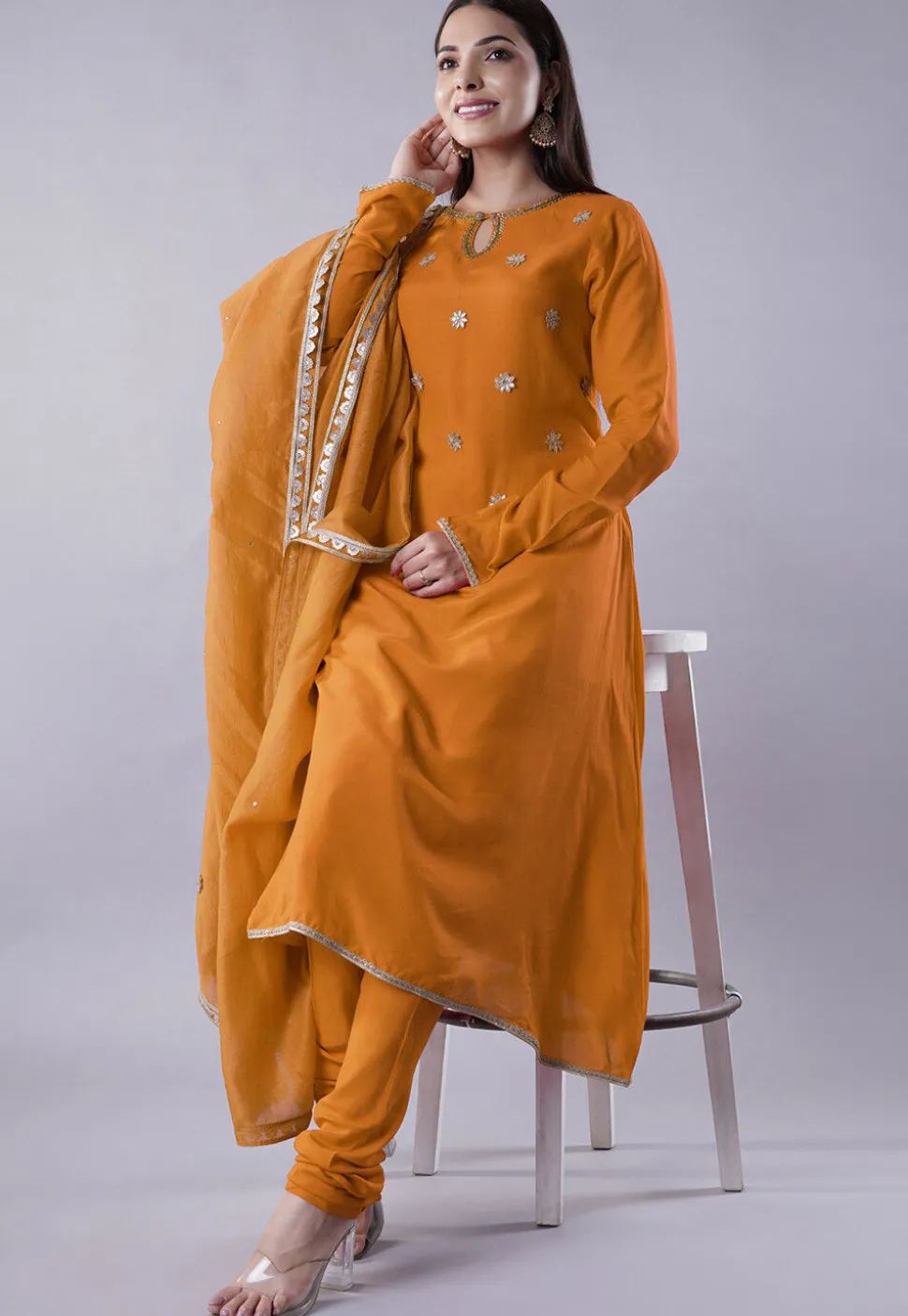 Embroidered Muslin Silk Aline Suit in Mustard