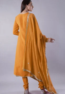 Embroidered Muslin Silk Aline Suit in Mustard