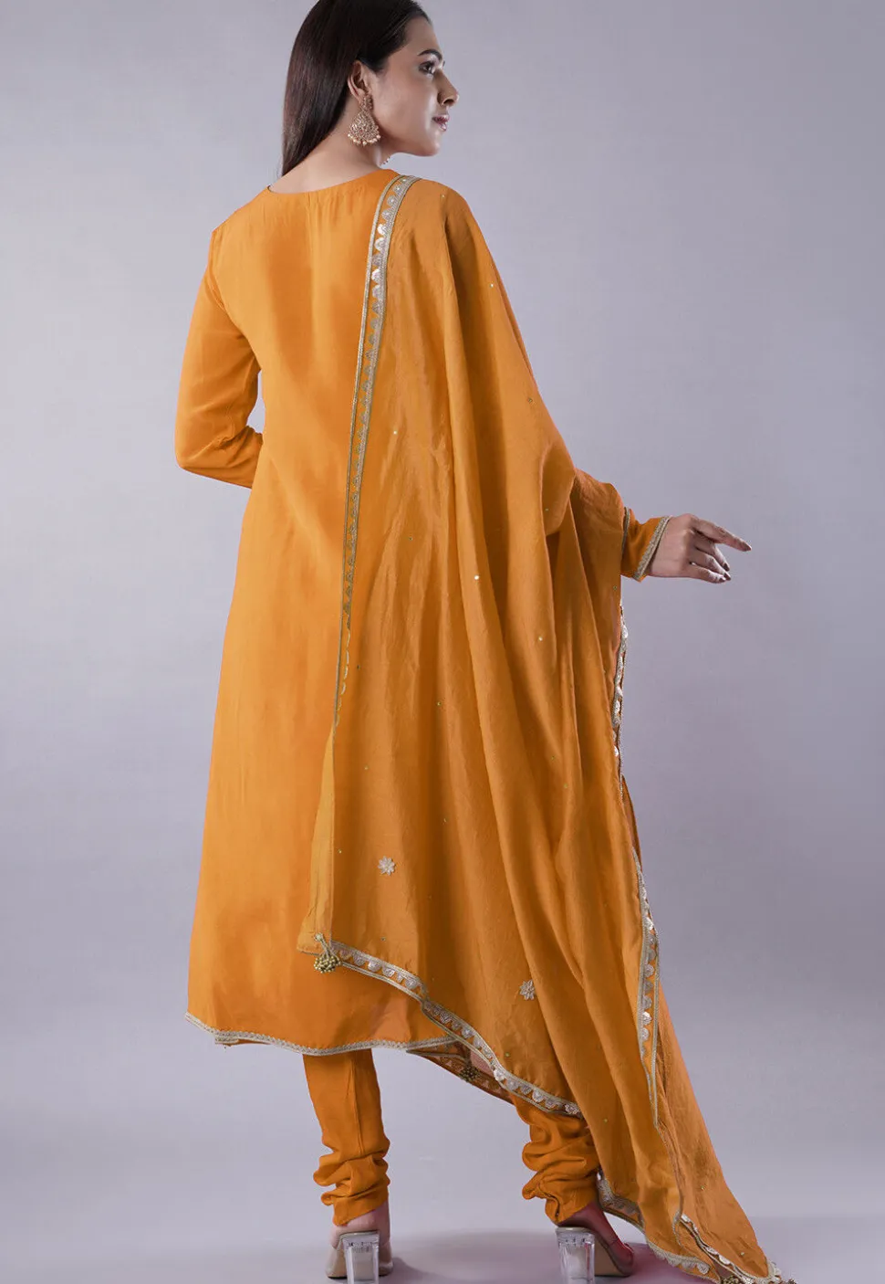 Embroidered Muslin Silk Aline Suit in Mustard