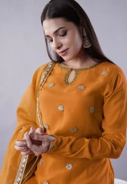 Embroidered Muslin Silk Aline Suit in Mustard
