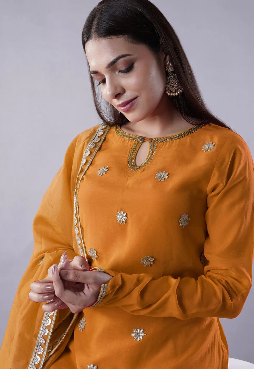 Embroidered Muslin Silk Aline Suit in Mustard