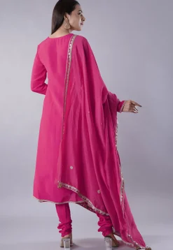 Embroidered Muslin Silk Aline Suit in Pink