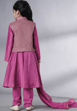 Embroidered Muslin Silk A Line Suit in Magenta