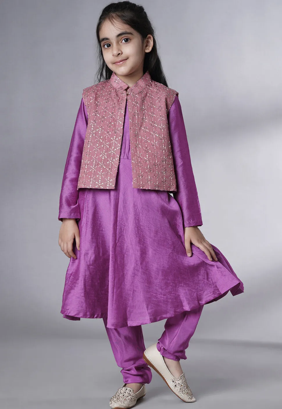 Embroidered Muslin Silk A Line Suit in Purple