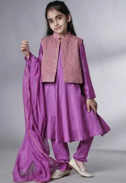 Embroidered Muslin Silk A Line Suit in Purple