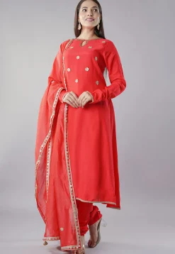 Embroidered Muslin Silk Aline Suit in Red