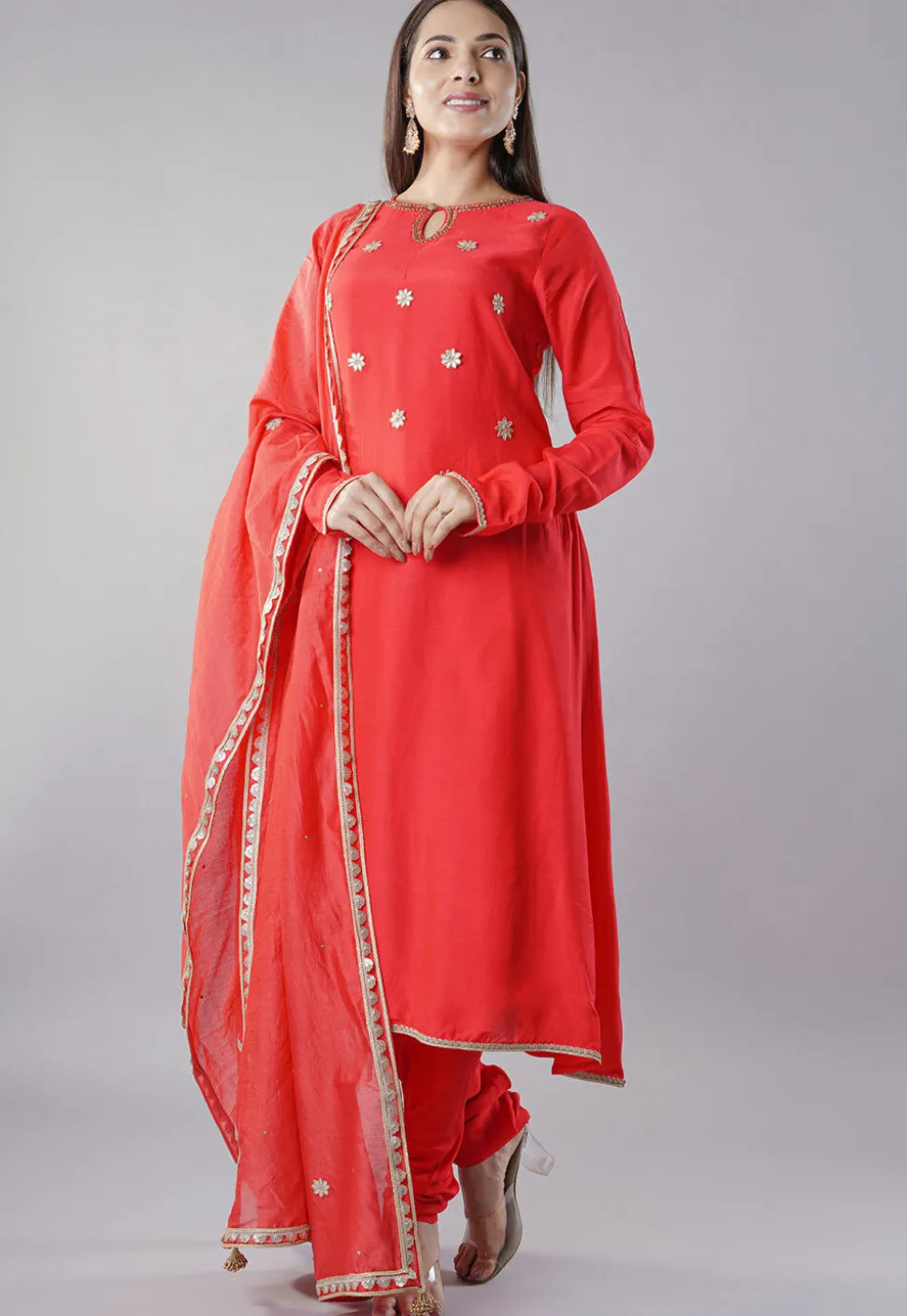 Embroidered Muslin Silk Aline Suit in Red