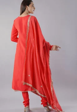 Embroidered Muslin Silk Aline Suit in Red